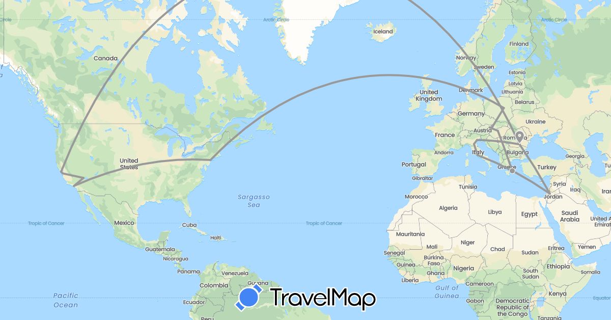 TravelMap itinerary: driving, plane in Austria, Greece, Hungary, Italy, Jordan, Poland, Romania, Slovakia, United States (Asia, Europe, North America)